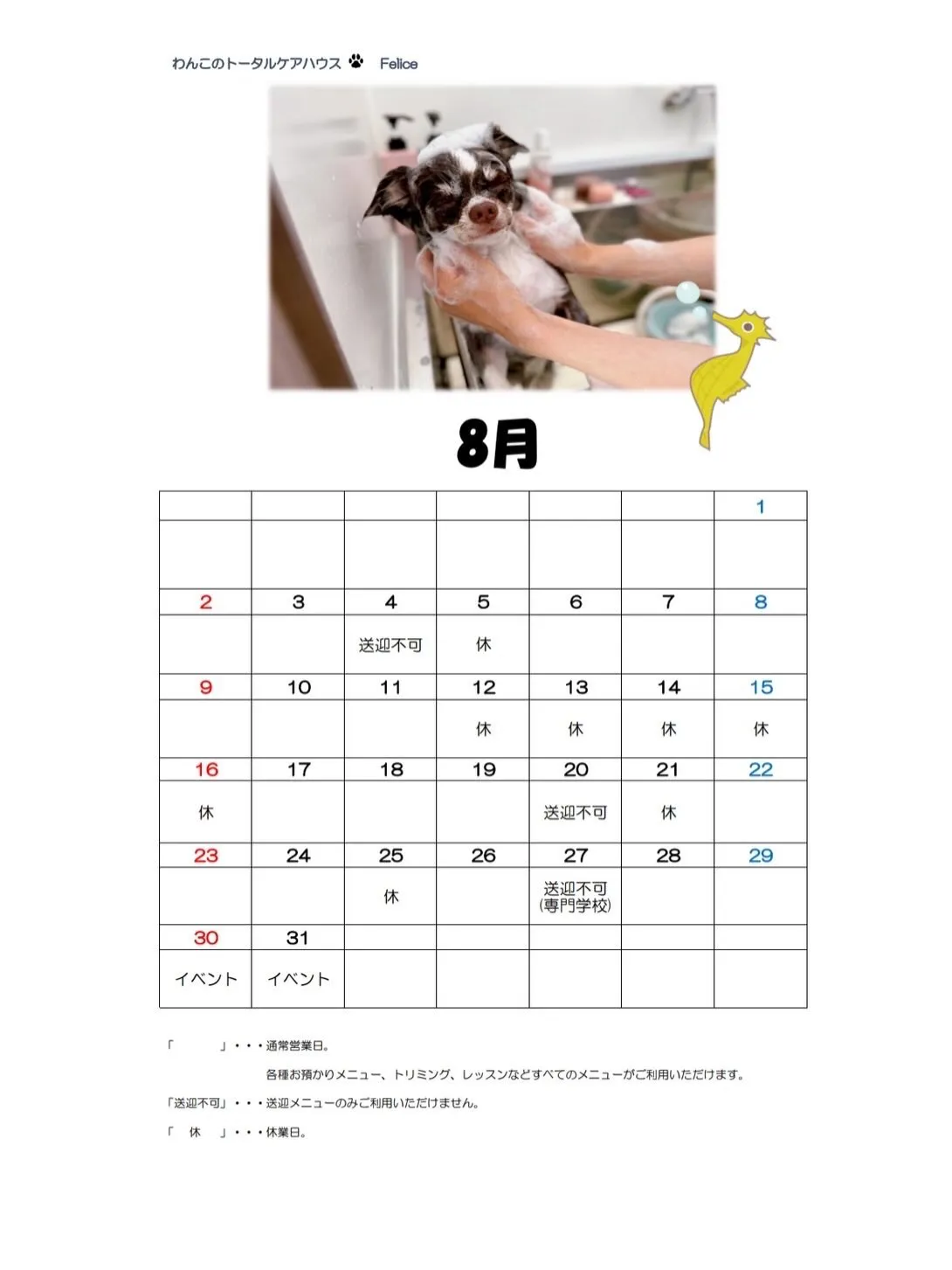 8月の営業カレンダーです❣️